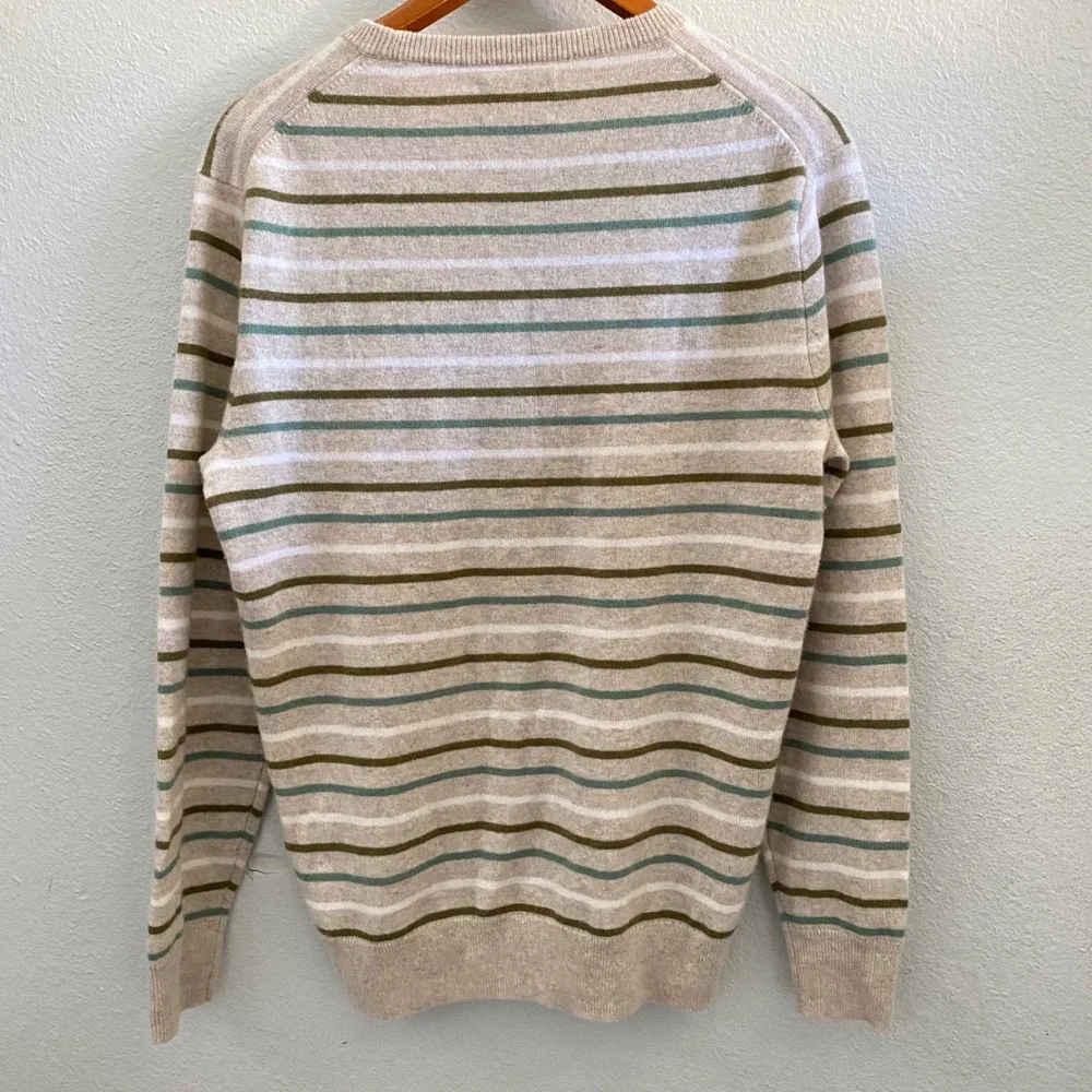 J.Crew Mens 100% Cashmere Striped Crewneck Sweater Beige Green BE887 M